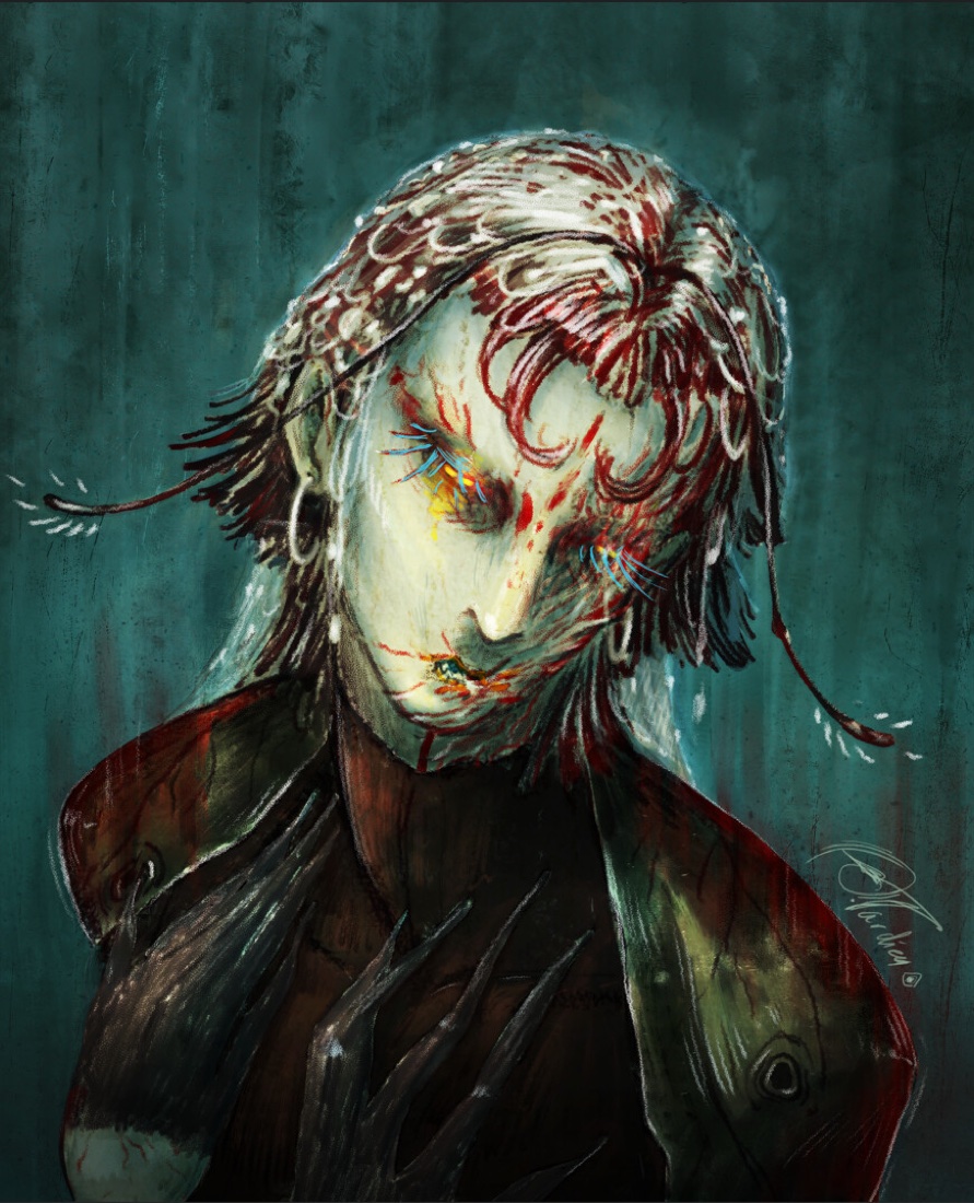 Portrait peint d'un visage aux fils rouges, sur fond vert sombre